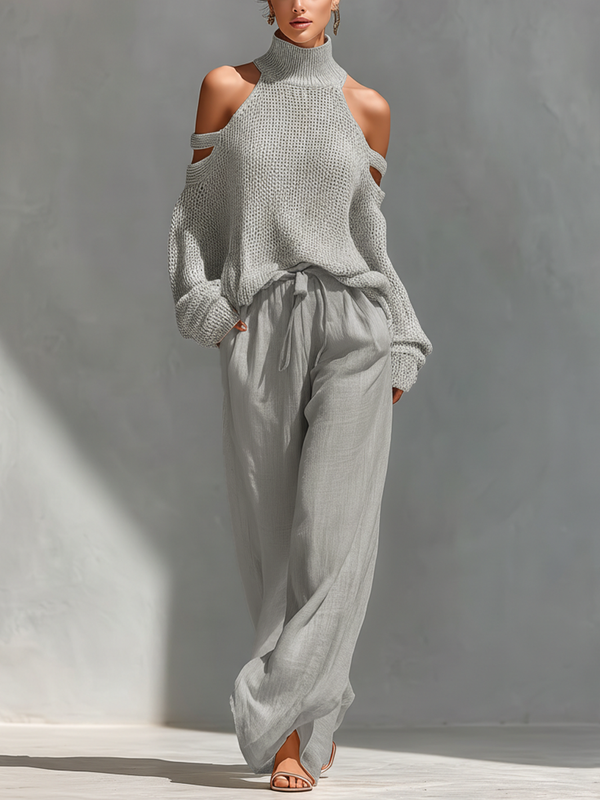 Ensemble Top Col Roulé à Épaules Dégagées en Tricot Beige pour Femmes & Pantalons à Jambes Larges