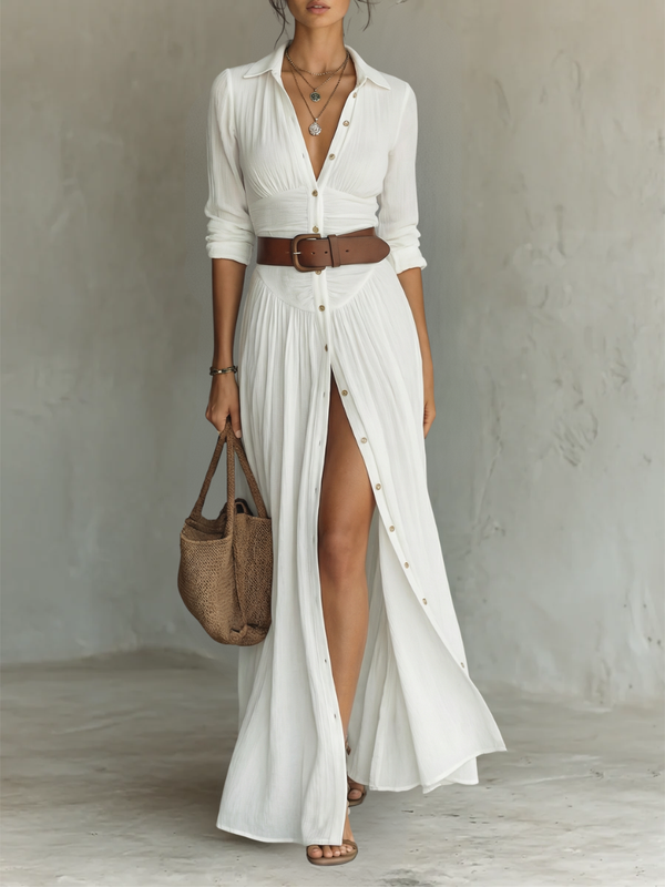 Robe Maxi Col Revers à Manches Longues